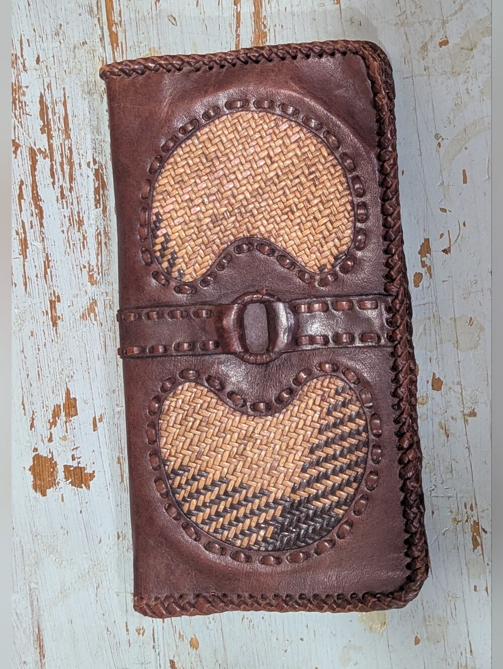 Handcrafted Brown Leather & Woven Wallet - Men's Long Bifold